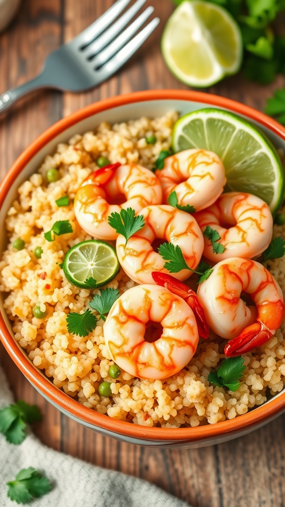 Cilantro lime quinoa with shrimp, garnished with cilantro and lime wedges, served in a bright bowl.